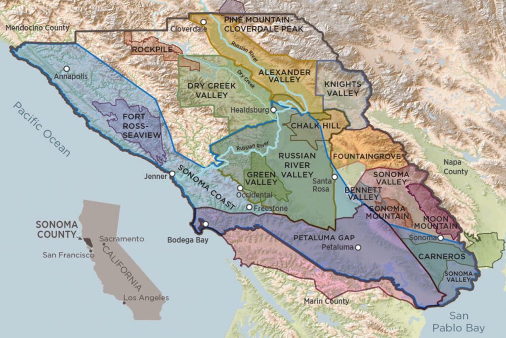 A map of Sonoma County with all of its wine AVAs highlighted.