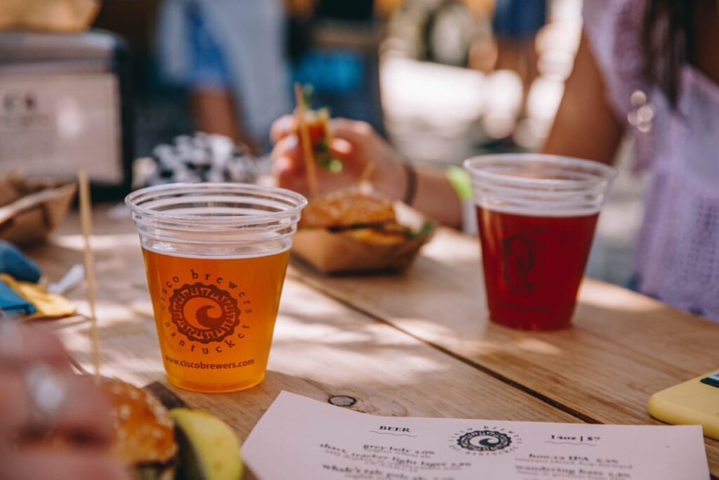 two beers on a table at Cisco Brewers